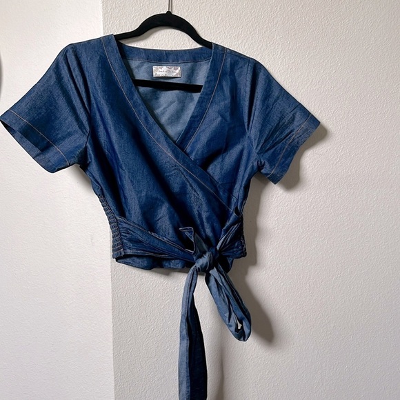 Band of the Free Indigo Denim Chambray Wrap Crop‎ Top - Size Small Sample Sale - Picture 1 of 6